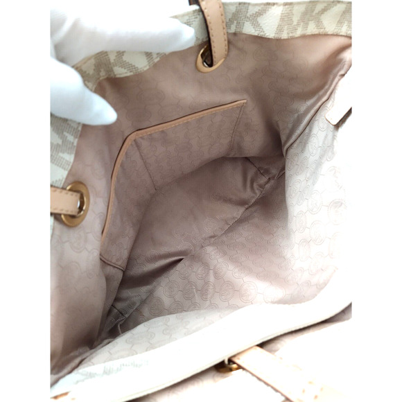 Michael Kors Jet Set Gray Crossgrain Leather MK Printed Pocket Tote Shoulder Bag - Picture 12 of 16